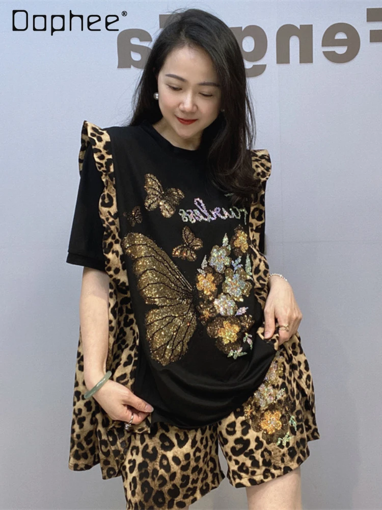 

Rhinestone Cartoon Leopard Print Butterfly Ruffled Short Sleeves T-shirt Shorts 2 Piece Set Women Summer New Chiffon Short Sets