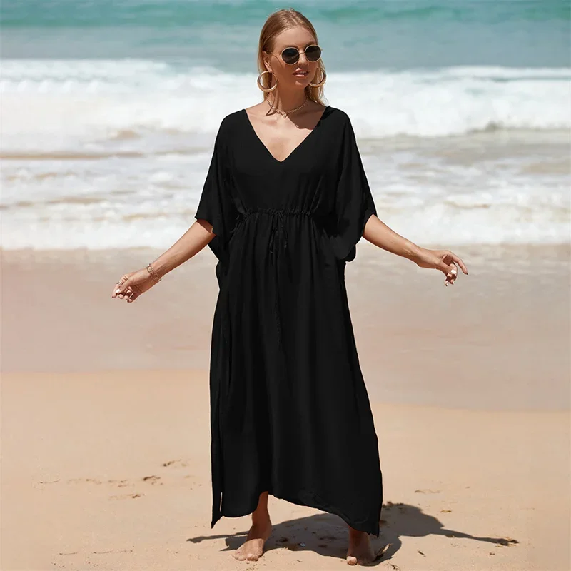 Solid Color High Waist Drawstring Lace-up Beachwear Women's Side Split Hem Cover-ups Female Holiday Robe Sun Protection Cover Up