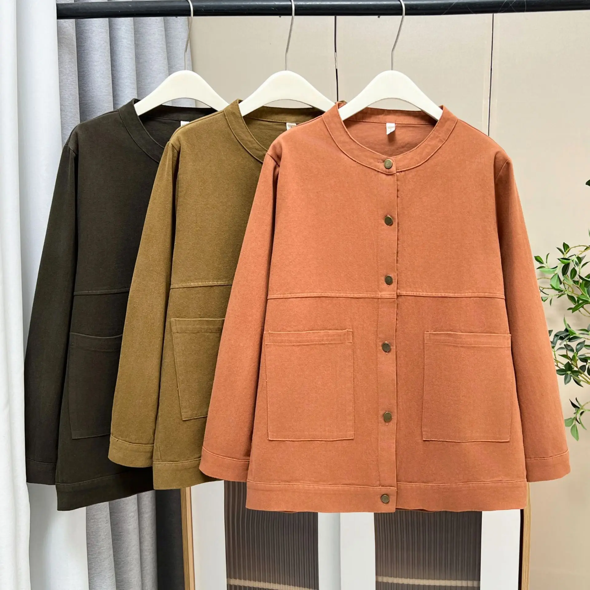 XXXXL Fashion Plus Size Women's Jacket 2025 Autumn New Simple Casual Cardigan O-Neck Long Sleeve Twill Coat 8853