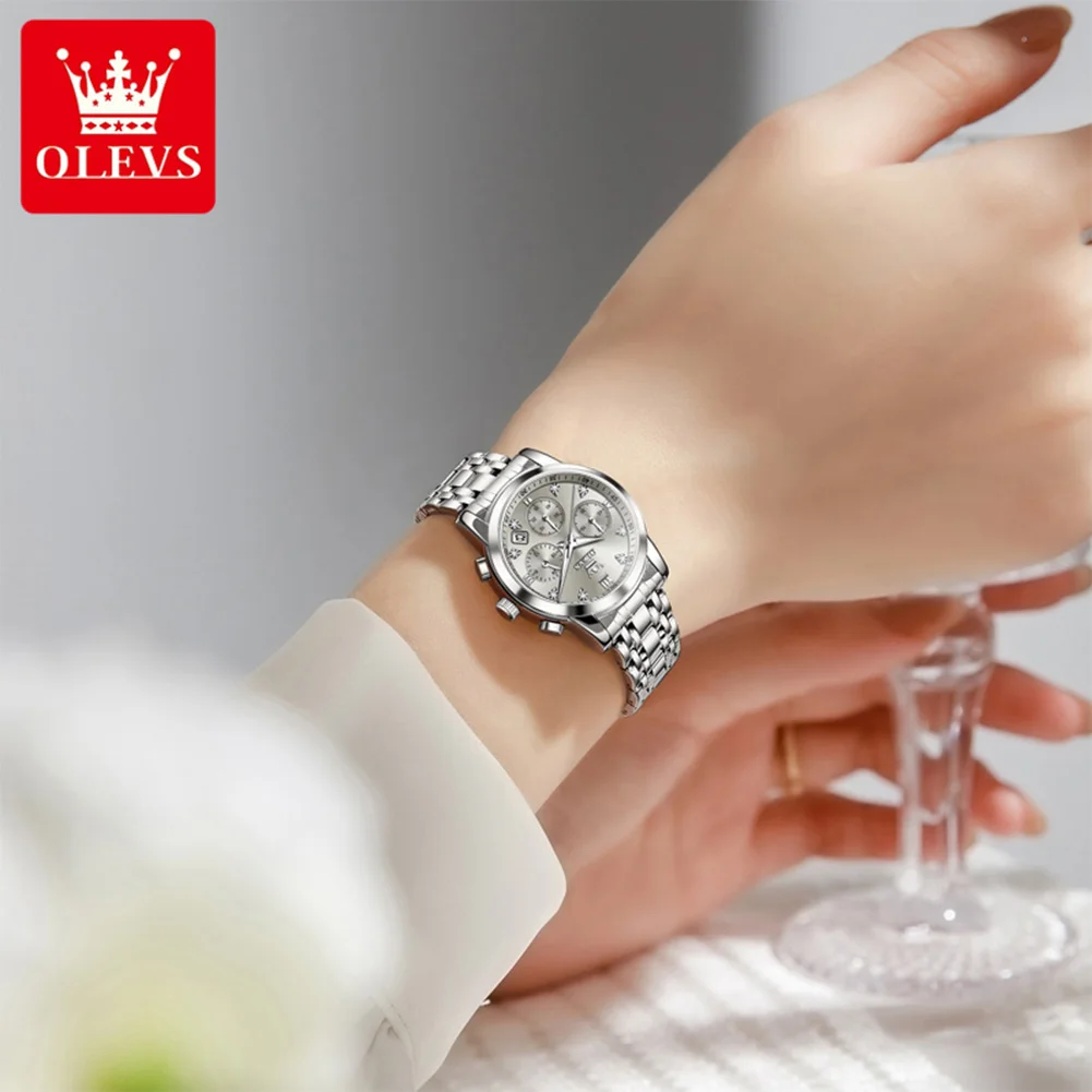 OLEVS 2858 Quartz Watch Woman Chronograph Calendar Waterproof Watch For Women Luminous Fashion Diamond Scale Ladies Wristwatch