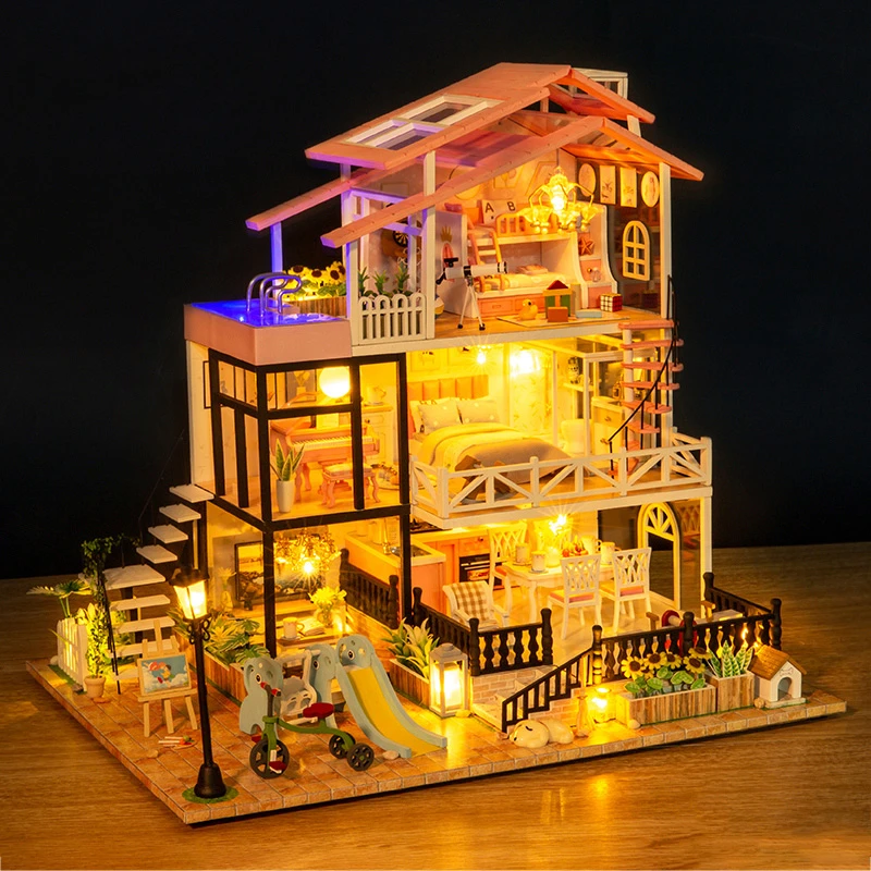 Wooden Doll House Model Kits Miniature With Furniture Lights Large
