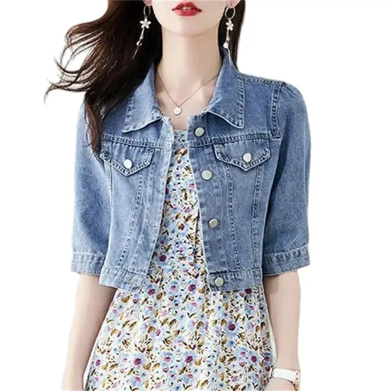 Denim Jacket Women 2022 Half Sleeve Jean Jacket Woman Elastic