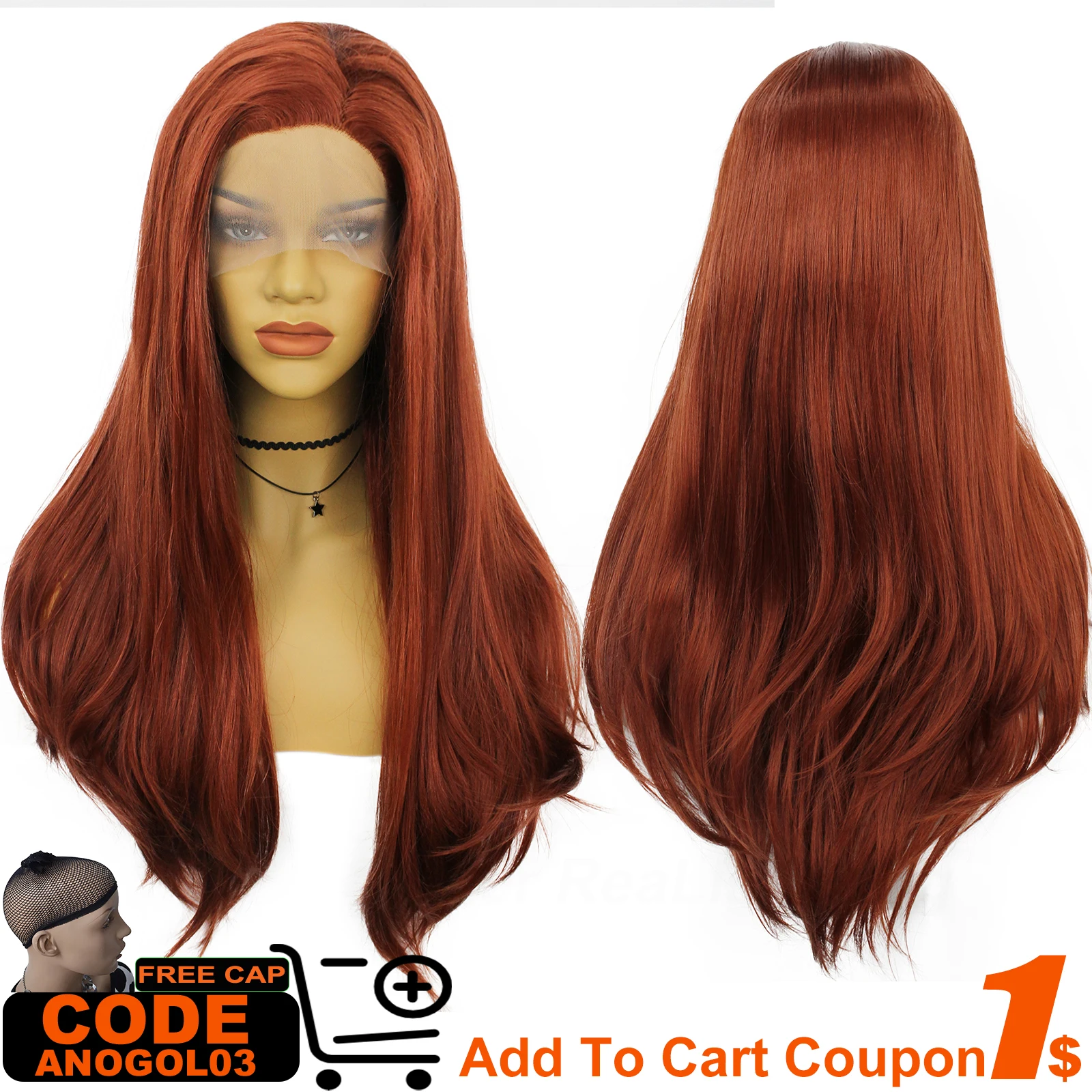 ANOGOL Synthetic 27inch Copper Red Long Natural Wave FreePart Lace Front Wig Heat Resistant Fiber Orange Red Wig for Black Women