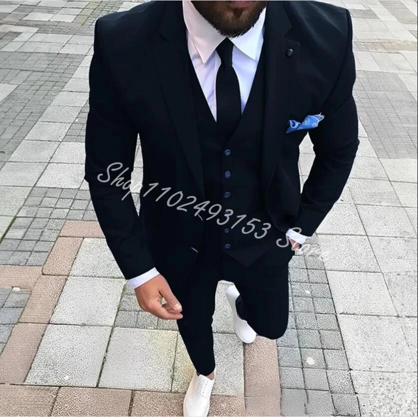 Royal Blue Blazer Business Suits Men Causal Notched Lapel Groom Tuxedos Wedding Blazer Vest Pants 3 Pieces Terno Masculino