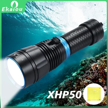 강력한 슈퍼 브라이트 LED 스쿠버 다이빙 손전등, IPX8 방수, XHP50, 다이버 수중 물고기 잡기, 토치 랜턴