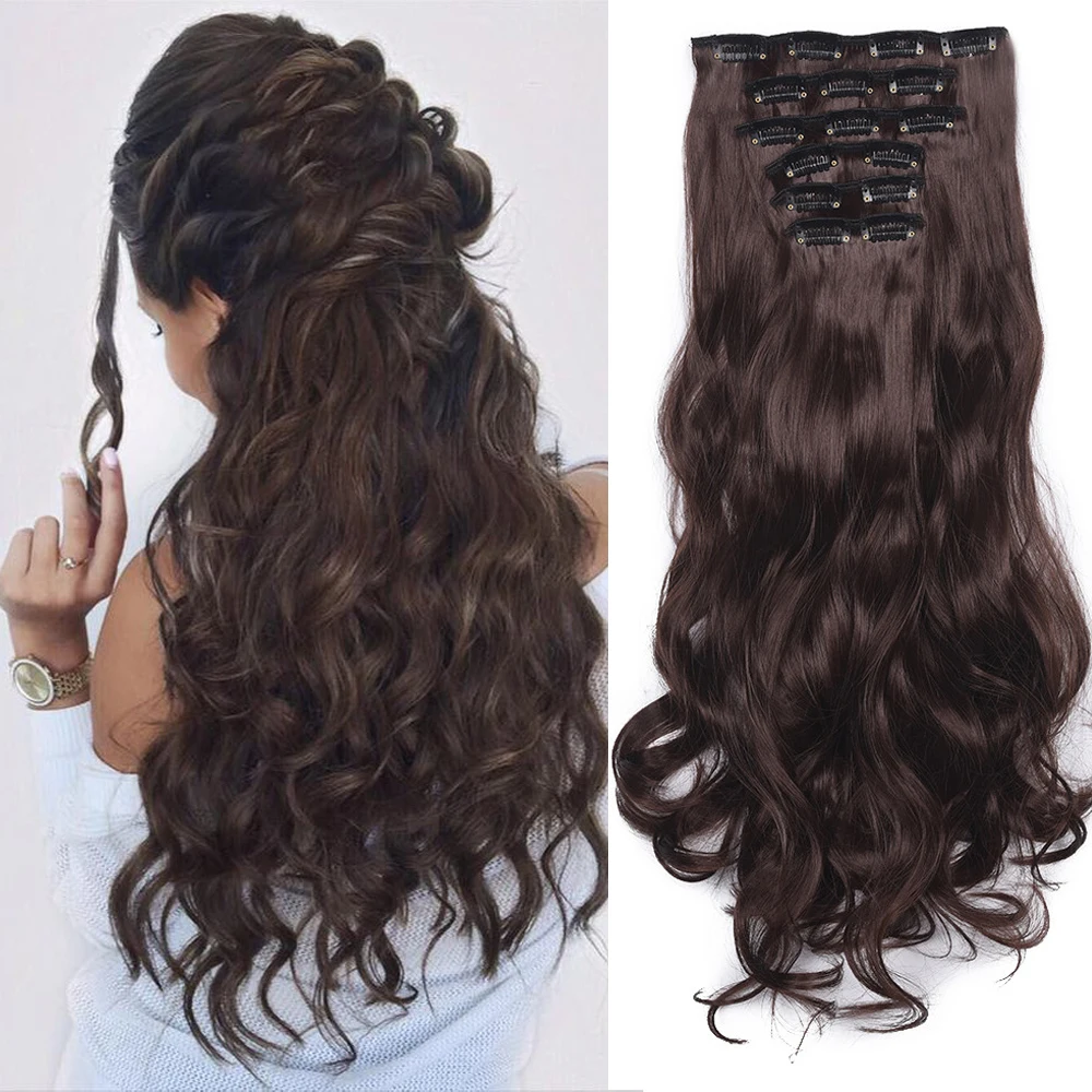 

6Pcs/Set 20Inch Synthetic Hair Clip In Long Wavy Thick Hairpieces For Women Full Head Synthetic Hair Extensions Ombre Hairpieces