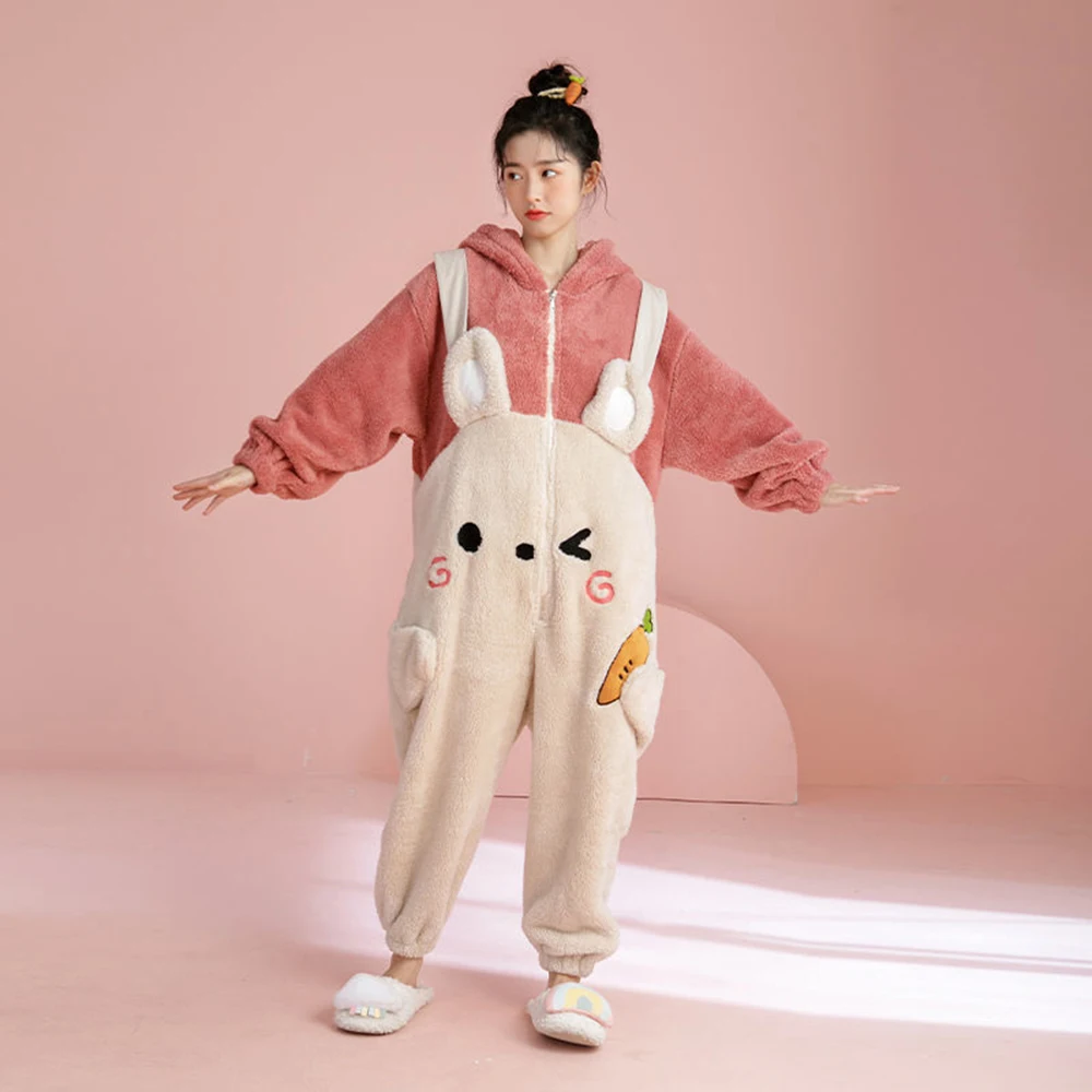 Winter Adult Rabbit Pajamas Onesie One Piece Cosplay Animal Homewear Sleepwear Jumpsuit Costume For Women Thick