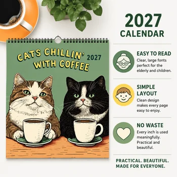 Calendario 2027 Cozy Coffee Cat: Materiale di Alta Qualità, Pianificazione Efficiente, Illustrazioni di Gatti Carini per Ogni dei 12 Mesi