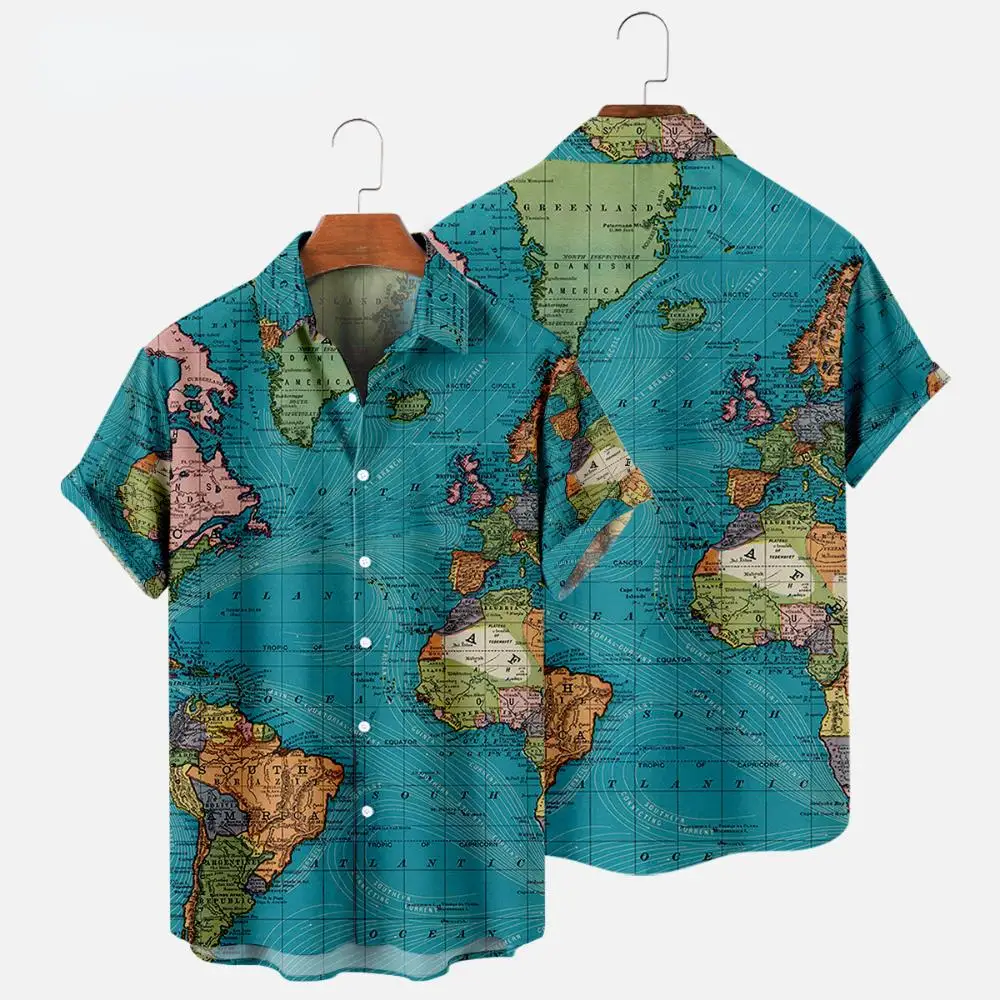 Hawaiian Men&rsquo;s Slim Fit Shirt Floral Men Fashion Map 3d Print Summer Beach Blouse