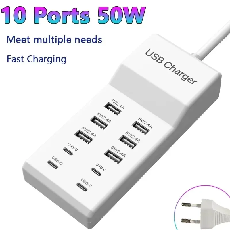 10 IN 1 USB Charger 50W PD Type C Fast Charge Charger Wall Phone Adapter Quick Charger 3.0 USB Hub EU US UK Plug Type C Charger