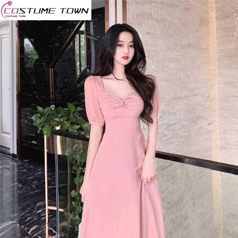 

2023 New Summer French Square Shoulder Large Neck Twisted Gentle Waist Shrinking Show Slim Temperament Luxury Pink Dress