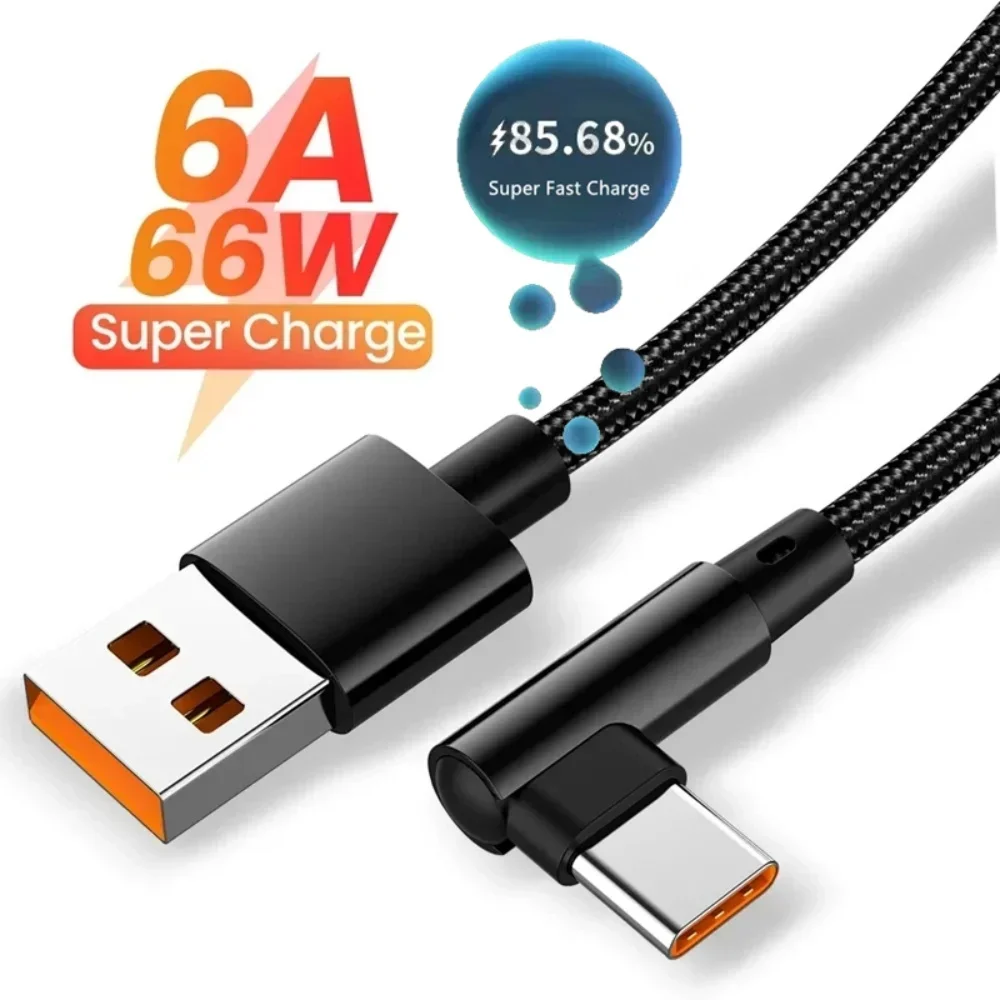 6 A 66 W USB-C-Kabel 90 ° Ellenbogen-Schnellladekabel für Samsung Xiaomi Huawei OnePlus Android 0,25–3 m, Nylon, geflochten, Schnellladung – Detail 1