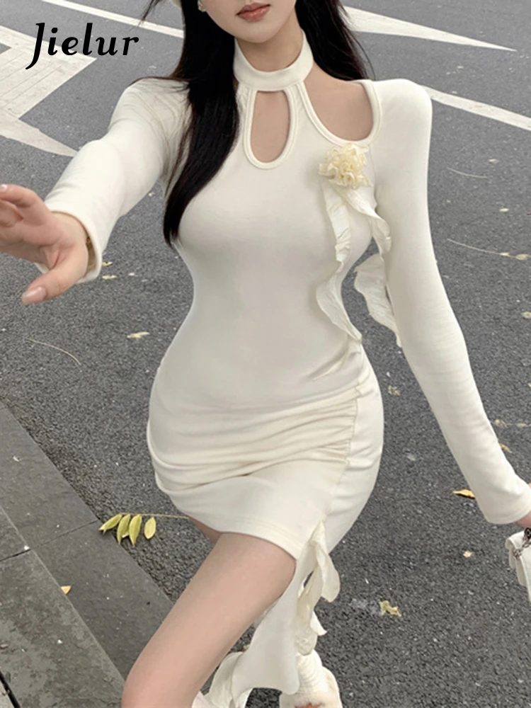 

Jielur White Sexy Halter Hollow Out Slim Female Dress Solid Color Tight Hip Y2k Fashion Party Club Chic Simple Women's Dresses