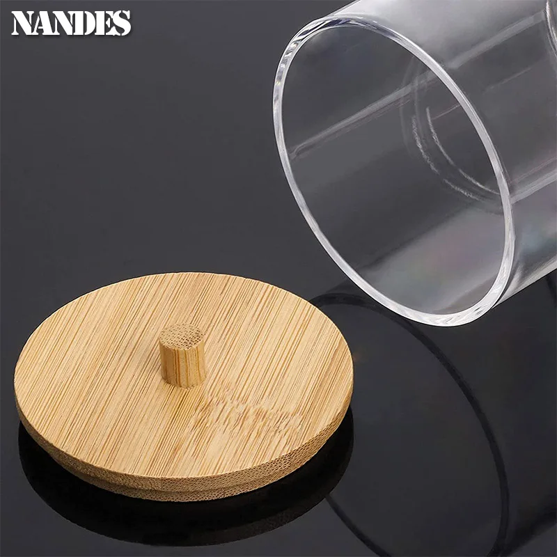 Acrylic Storage Box Bathroom Jar Makeup Organizer Cotton Round Pad Holder Cotton Holder Dispenser with Bamboo Lid Clear Plastic 5