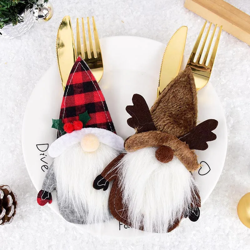 

2pieces Christmas fabric knife fork bags faceless male tableware packaging bag Merry Christmas New Year party table decoration