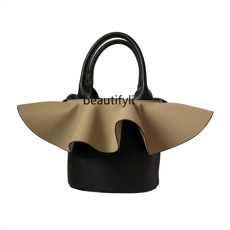 

yj Lace Bucket Bag Handbag Korean Style Design Color Matching Elegant Shoulder Crossbody Bag All-Match
