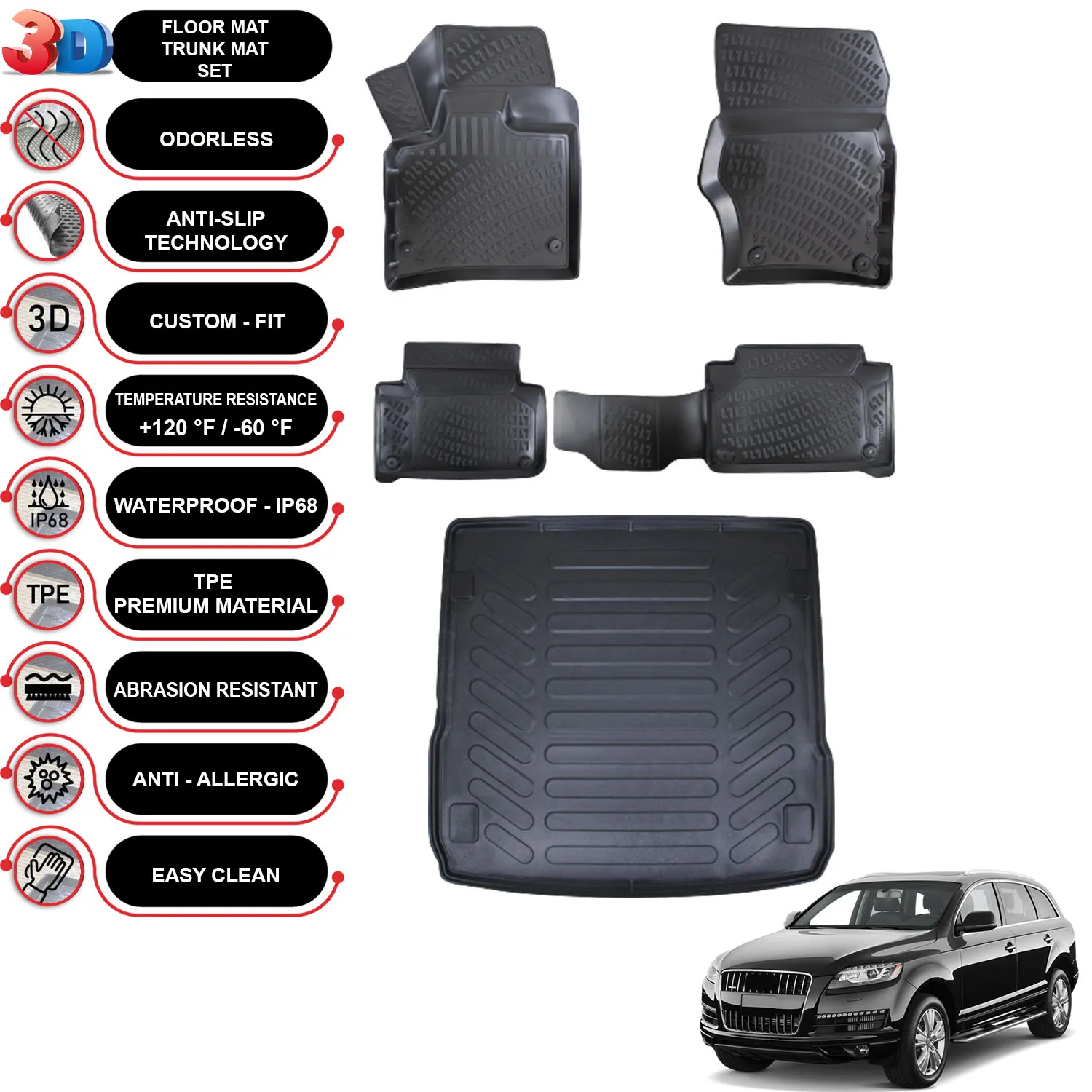 

Audi Q7 - (2006-2015) - Floor Mats + Cargo Trunk Liner - SET - (Black)