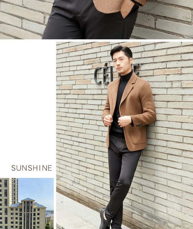 Neuer doppelseitiger Wollmantel aus 100 % reiner Wolle für Herren, schmale Passform, schlankmachende Anzugjacke, einfarbig, Revers, einfache Strickjacke – Detail 14