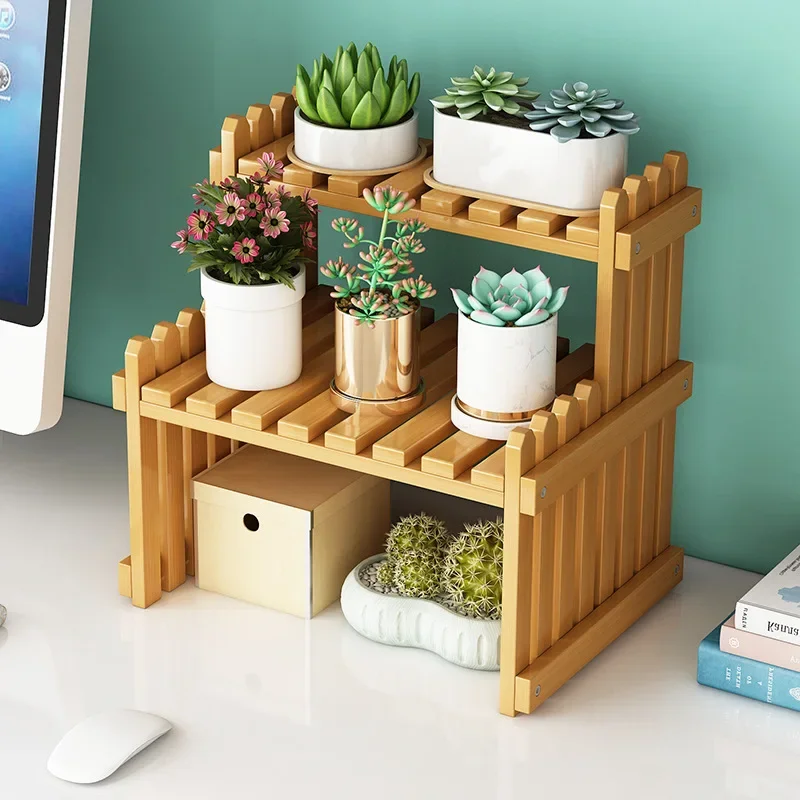 Bamboo Plant Shelves Desktop Flower Rack Window Balcony Multi-layer Plant Stands Indoor Office Stepped Potted Pot Book Shelf