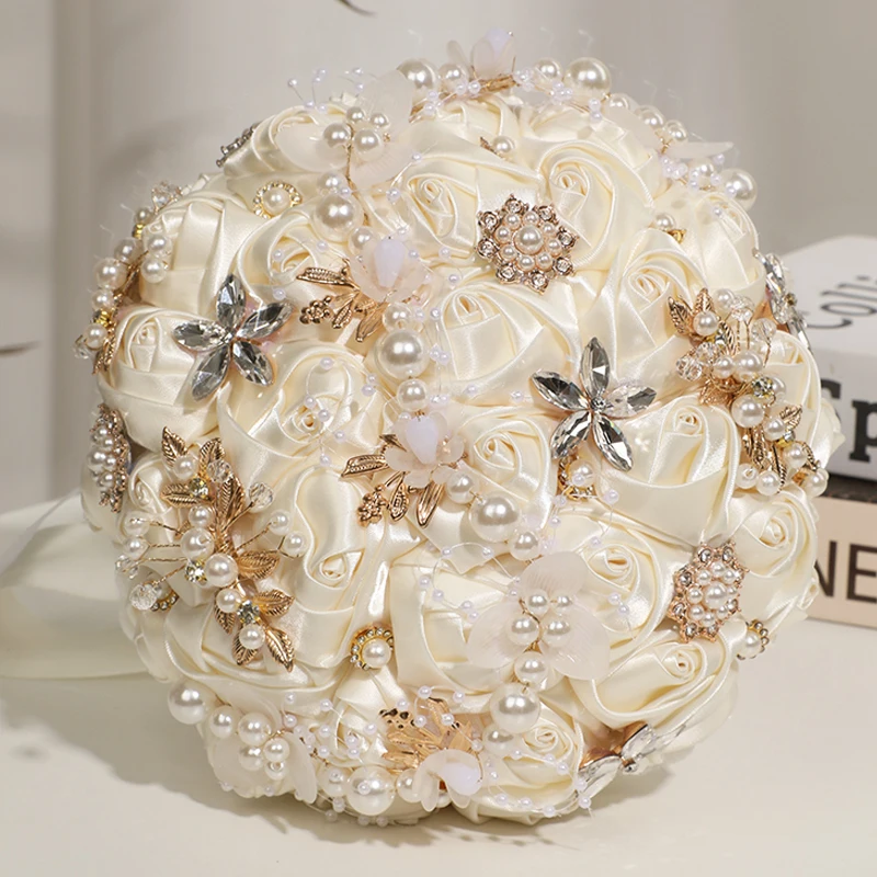 1PC Pearl Rhinestone Valentine's Day Party Decoration Prop Artificial Silk Rose Wedding Bouquet for Bride Ceremony, Anniversary,