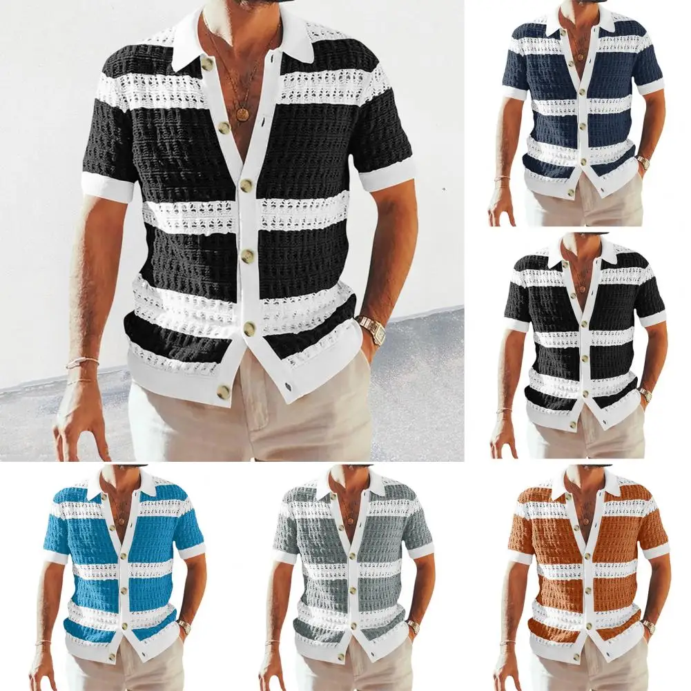 

Men Summer Sweater Regular Summer Outdoor Cardigan Stripe Knitting Shirt Single-breasted Soft Texture Men Top for Working