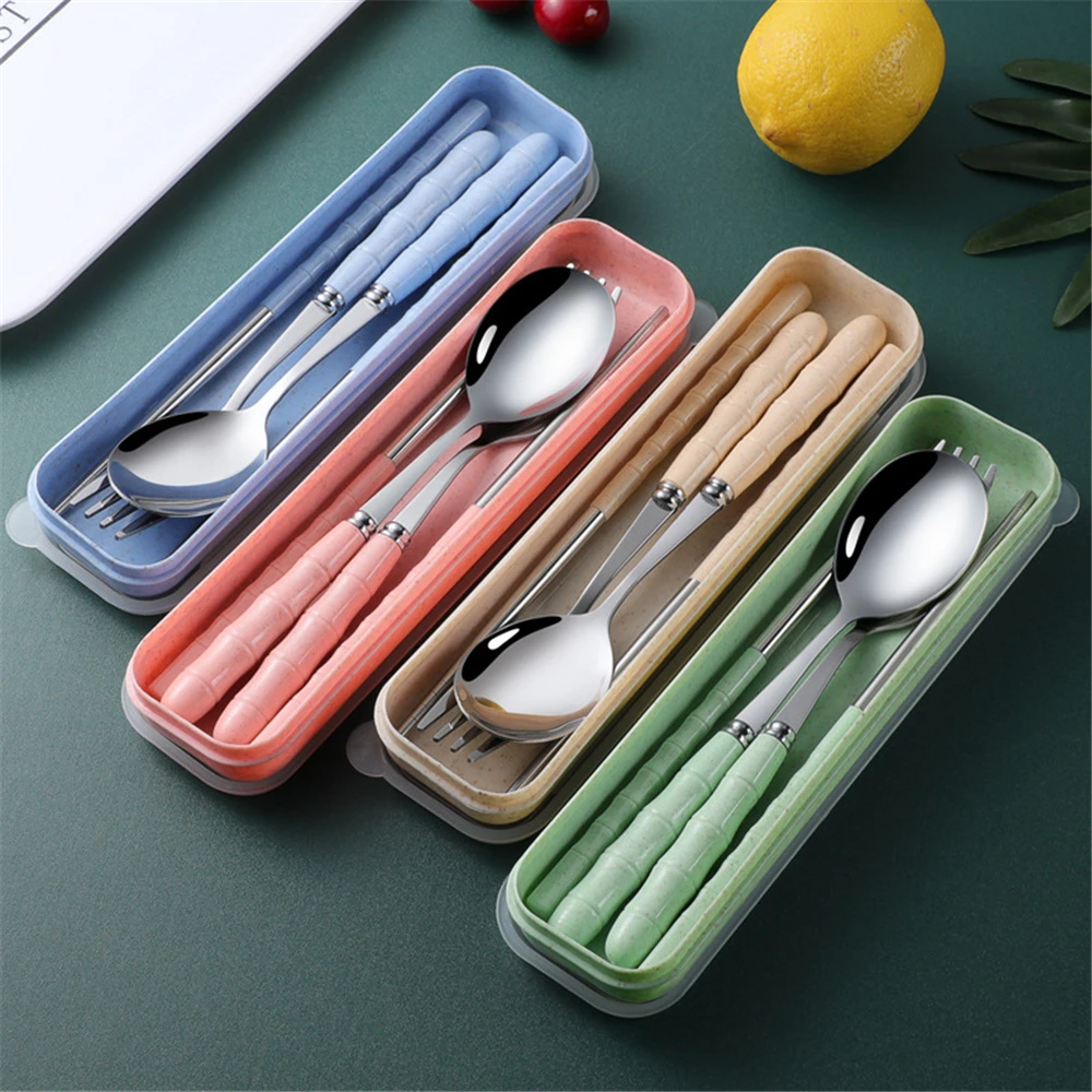 Stainless Steel Portable Cutlery Set Student Work Outdoor Travel Fork Spoon Chopsticks Three-piece Reusable Box