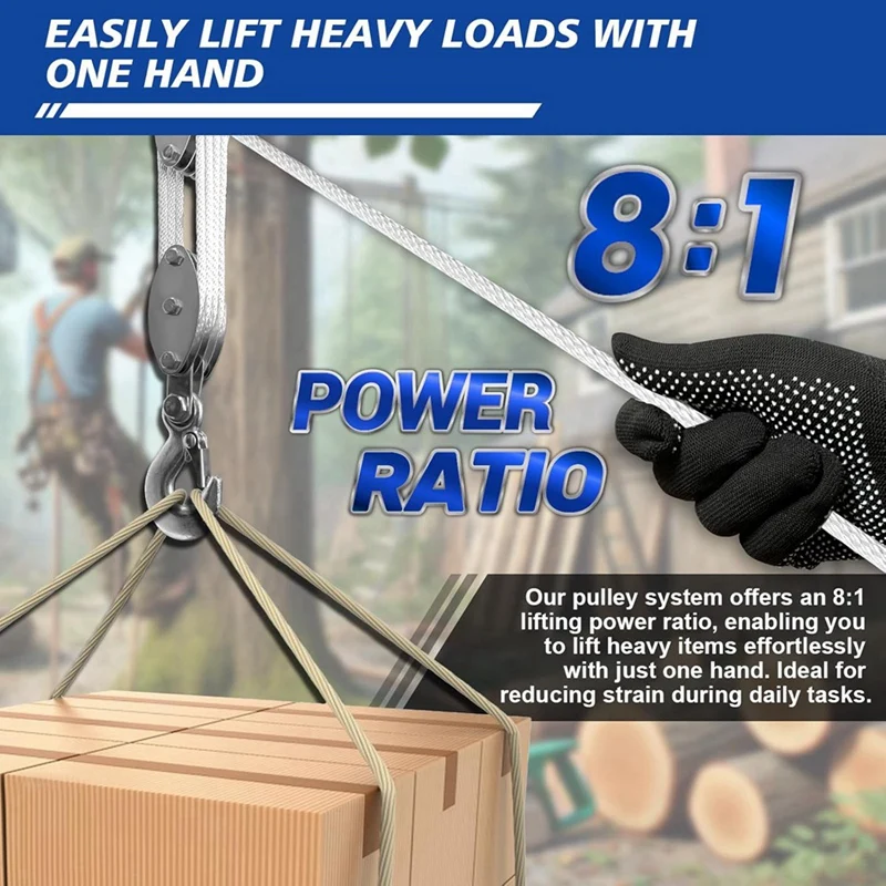 A7QHO-Block And Tackle Pulley System, 4-Wheel Rope Pulley Hoist, 2200LB Work Load With 65Ft Of 1/4 Inch Rope, Compact Rope