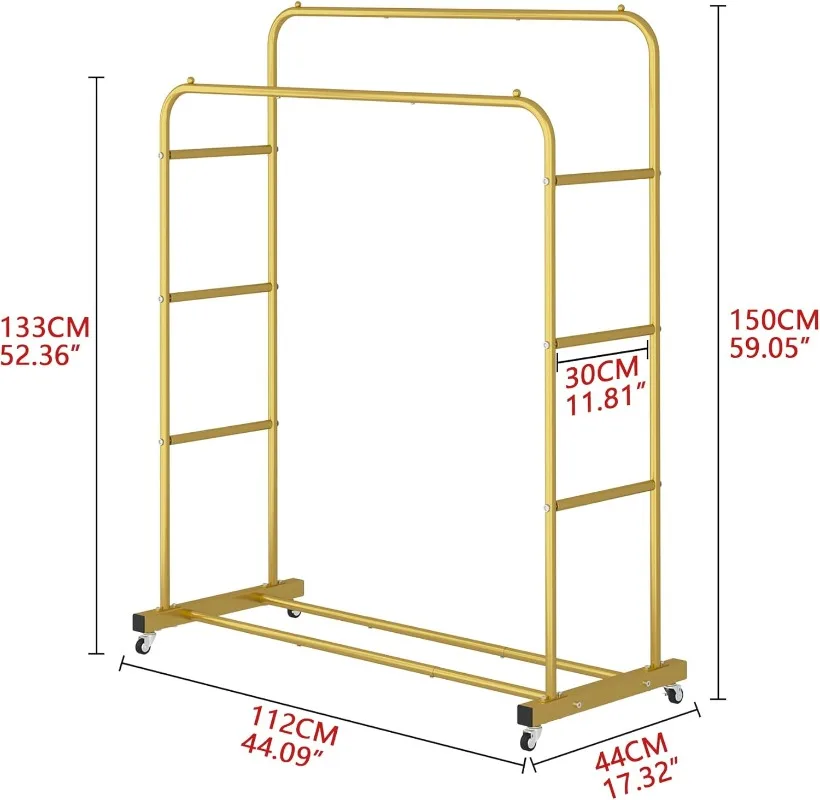 Double Rods Clothing Rack with Wheels, Garment Rack for Hanging Clothes, Multi-functional Bedroom Clothes Rack, Gold 2