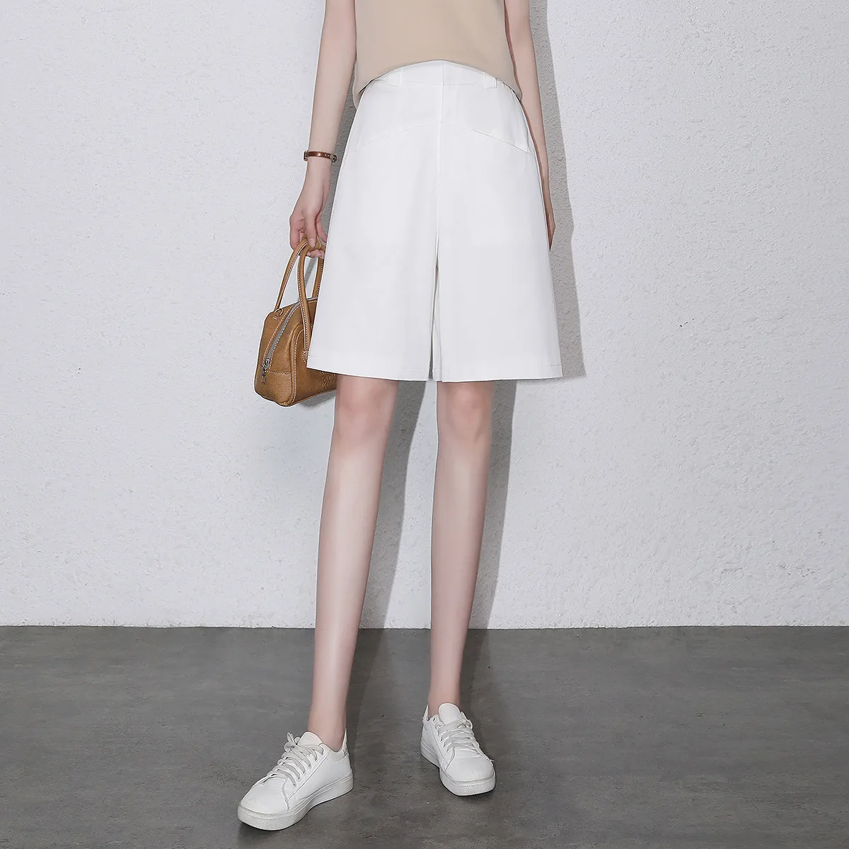 LOUIS YAO Short Pants 100% Cotton Casual Basic Short Trousers High Waist Wide Leg Pants Solid Color Summer Pants