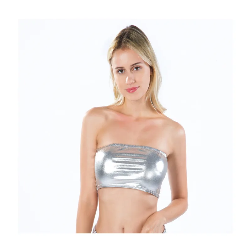 

women's chest wrapped pu leather tube crop tops strapless stretchy shiny metallic tank top bra nightclub stage dance crop tops