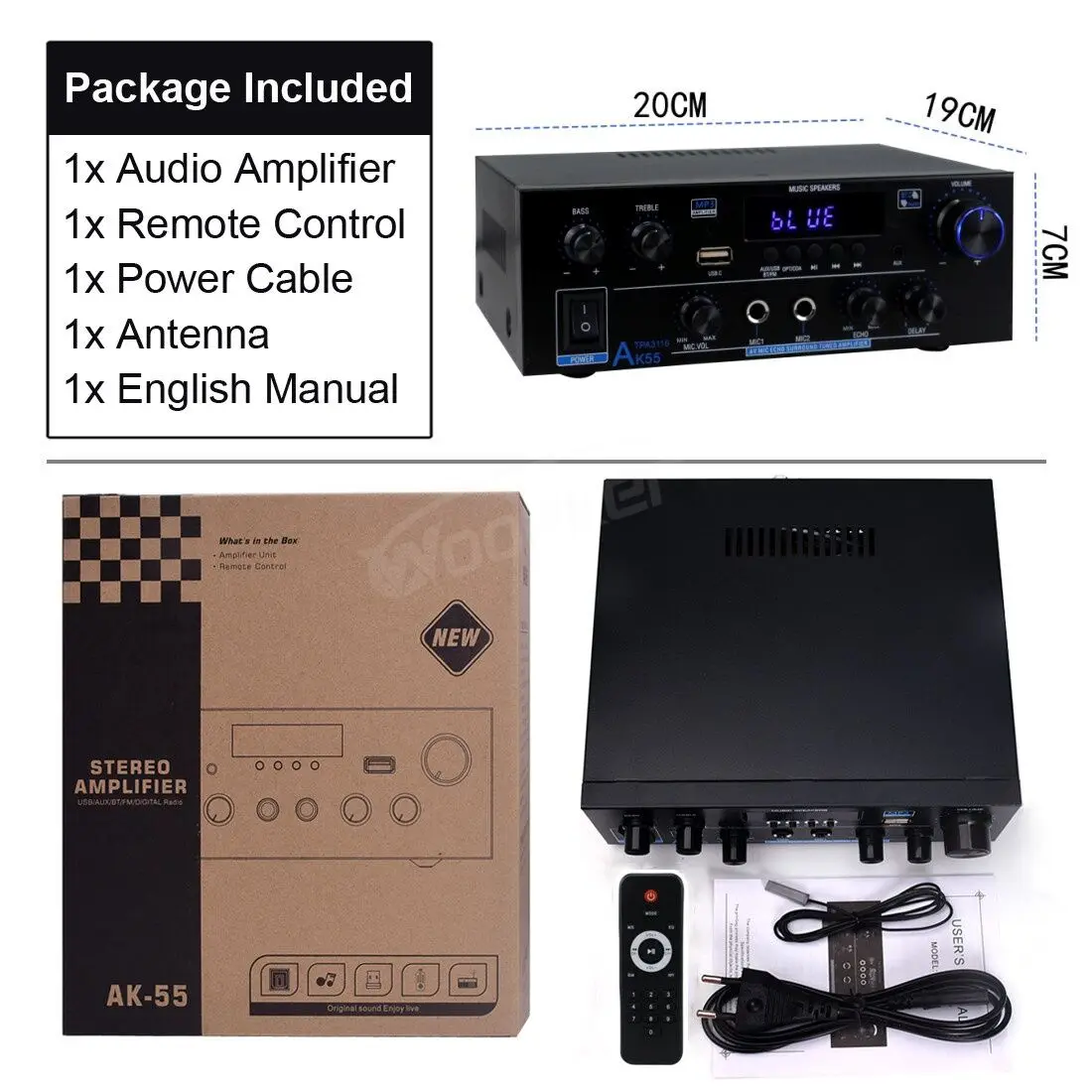 AK55 Bluetooth Amplifier HIFI Digital Sound Amp Channel 2.0 for Home Car Karaoke