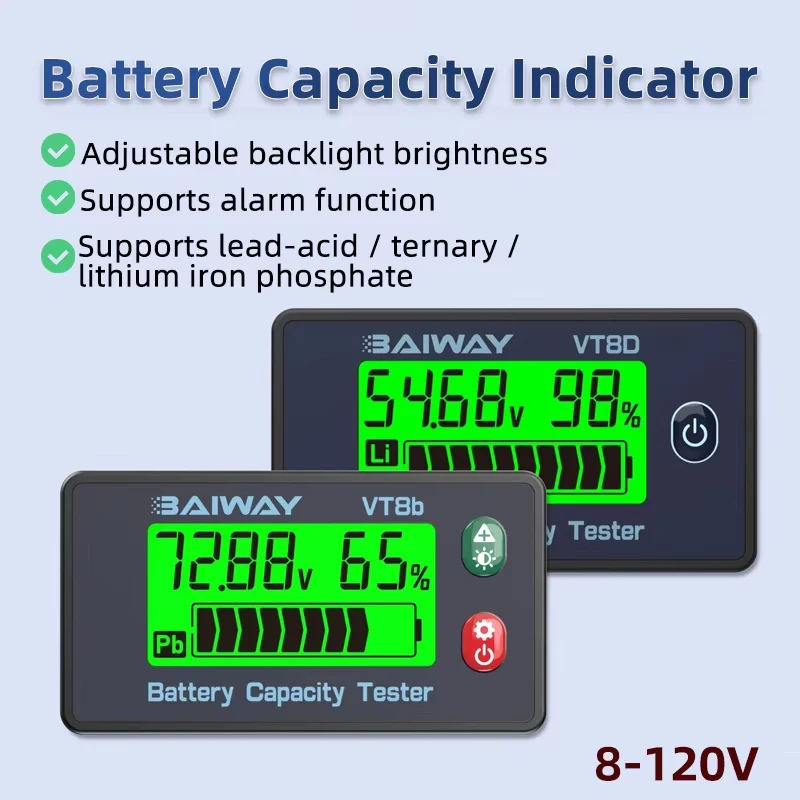 VT8b DC 배터리 전압계 DC 8V-120V 용량 표시기 리튬 LiFePO4 납산 배터리 테스터(전기 자동차용)