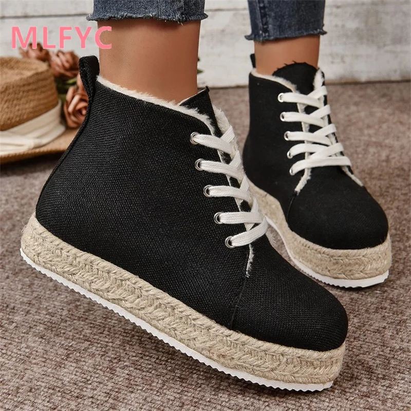 Retro Shoes Women Winter New Thick Sole Solid Color Fashion Casual High Top Single Shoes Ladies Round Toe Simple Flat Sole Boots