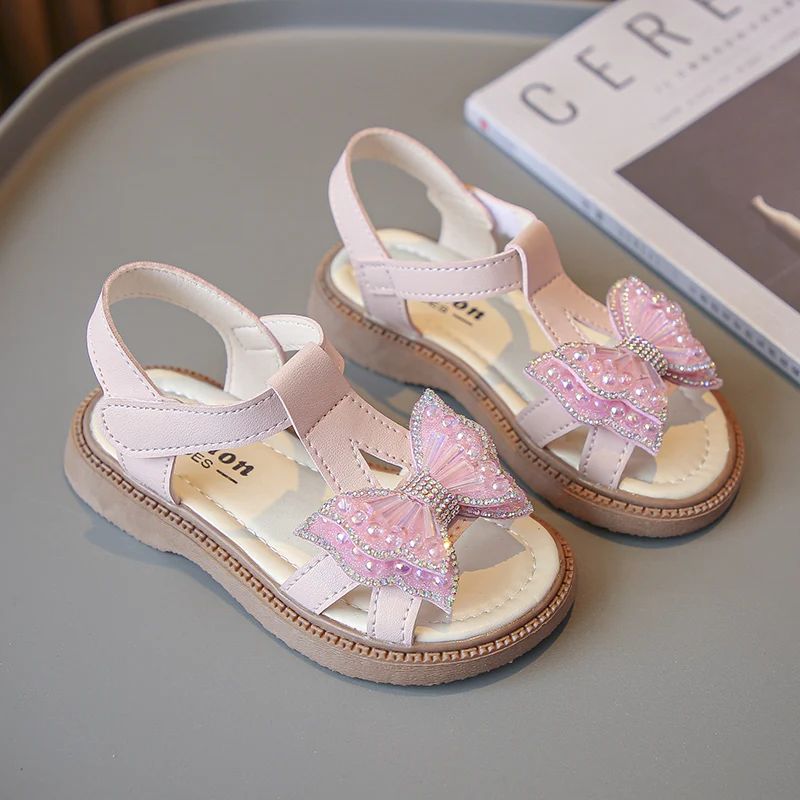 Toddler Girls Sweet T-strap Bowknot Sandals Beach Shoes Kids Princess Sandals 6-15 Years Flats Summer Baby Sandals for Girls 6