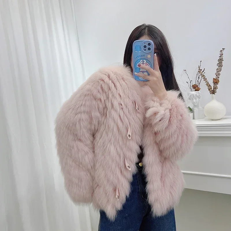 Classic Short Real Fox Fur Coat Young Fashion Strip Slim Jackets 2023 Winter Knitted Fashion Slim Button Design Women's Clothes