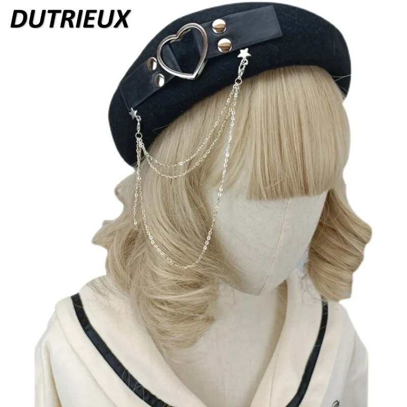 

Japanese Original Design Beret Women JK Lolita Black Beret Harajuku Punk Goth Love Chain Round Neck Hat Cute Caps for Girls