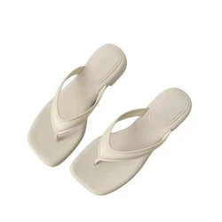 Women's Soft Non - Slip Square Toe Flip Flops - Solid Color Summer Beach Casual Sandals - 36 - 37 (Beige)