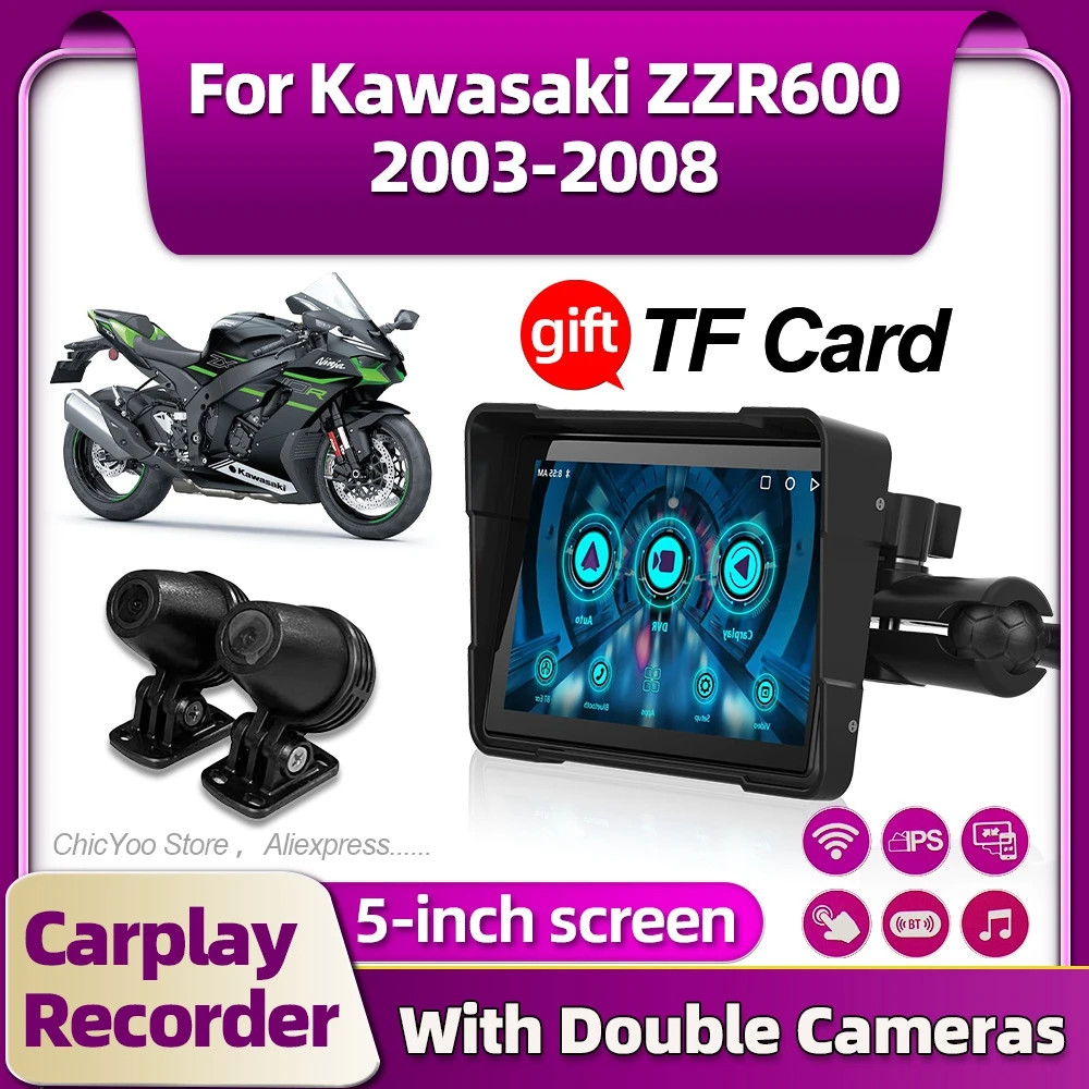 

5inch Motorcycle Display Drive Recorder GPS Waterproof Wireless CarPlay For Kawasaki ZZR600 2003 2004 2005 2006 2007 2008