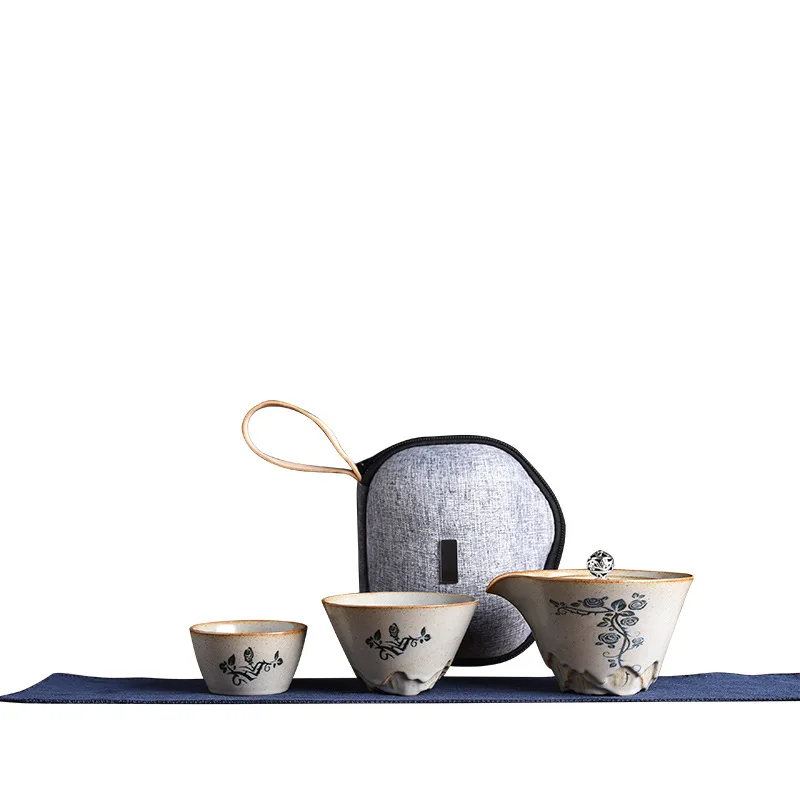Japanese-Style Travel Tea Set, Ivy Flower Ceramic Portable Teaware Sets with Carring Cases, Teapot, Home Outdoor Teawares