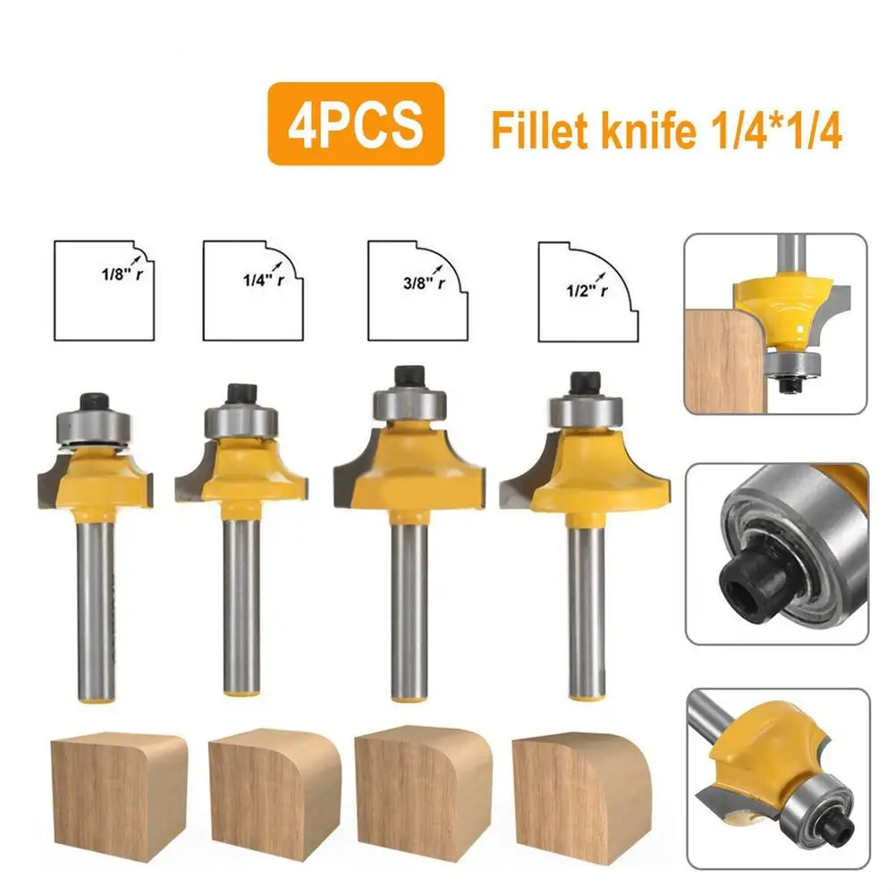 

4pcs 1/4-Inch Shank Roundover Edging Router Bit Set Corner Rounding Edge Forming Bit Woodworking Tool