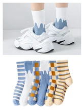 

New Women Soft Cotton Socks Milk Stripe INS Day Blue Brown Check Tube Socks College Style Fashion Simple Stockings High Socks