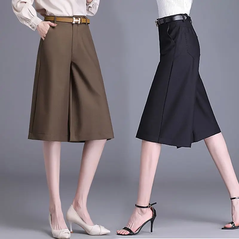 2023 New Women's Clothing Korean Elegant Fashion Casual Zipper Knee Length Solid Color Temperament Button Pockets Wide Leg Pants
