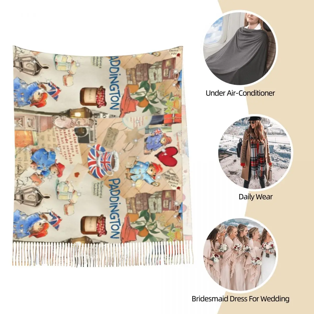 Womens Tassel Scarf Britain Paddington Brown Bear Long Soft Warm Shawl and Wrap Cute Movie Cartoon Daily Wear Cashmere Scarf 4