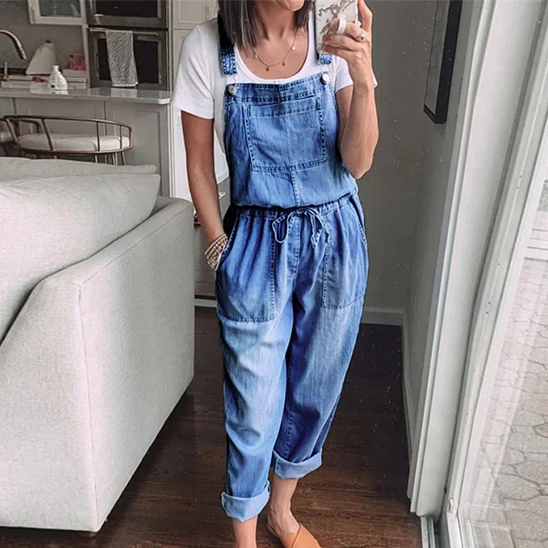 

Summer Sleeveless Lace-up Pockets Rompers 3XL Elegant Playsuit Overalls Casual Women 2022 Fashion Adjusted Straps Denim Jumpsuit