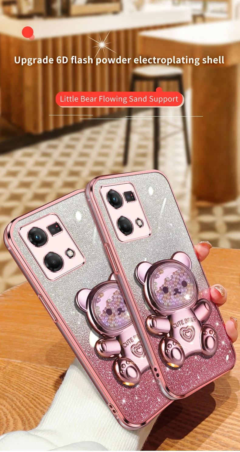 Coque de téléphone à paillettes Quicksand Bear pour Oppo 8T 4G 5G Reno 8 9 7 Pro Plus, support Reno9 Reno7 Reno8_voghion.com