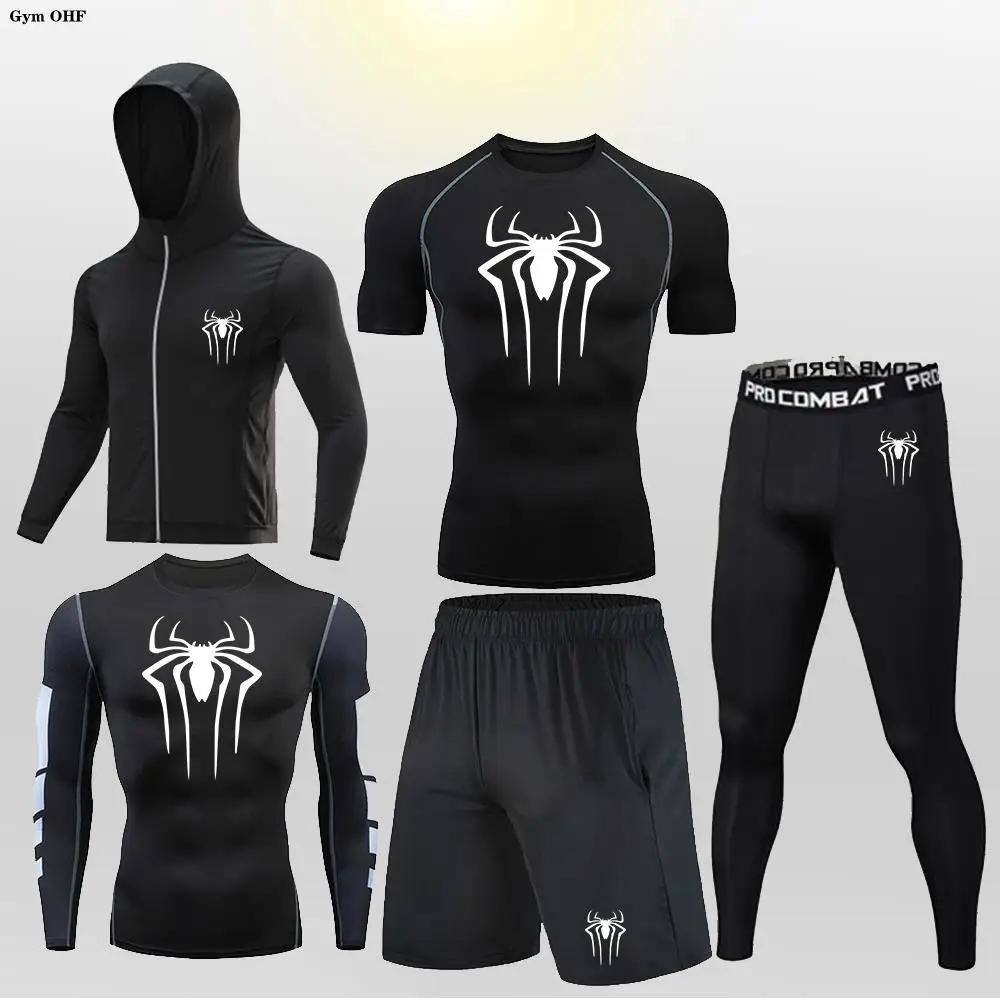 Spider Men'S Fitness High Quality Gym Running Sports Suit MMA Rashguard Compression Breathable Tights Shorts Sets Men Boxing 5