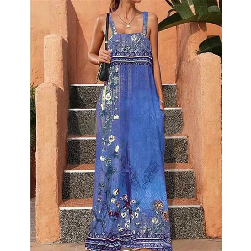 Women Retro Floral Print Boho Ethnic Style Jumpsuits Summer Fashion Elegant Sexy Backless Sleeveless Rompers Wide Leg Pantalones