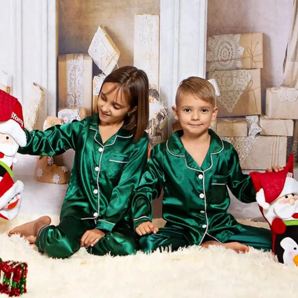 2pcs Infant Baby Boy Girl Pajamas Silk Satin Top Pant Long sleeve Solid Button-Down Pyjamas Satin Set Nightgown Child Sleepwear