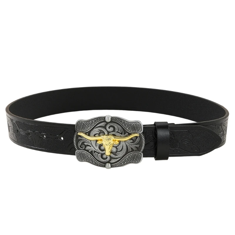 CowboyBeltsForMenWesternWithBigBuckleLonghornBullBeltBuckle
