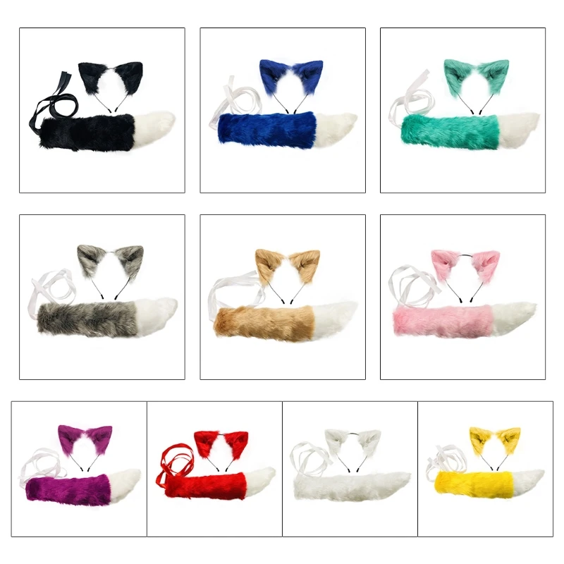 

Повязка на голову с волчьими ушками котенка, комплект с длинным хвостом, яркий цвет, аниме, платье для косплея, костюм для для